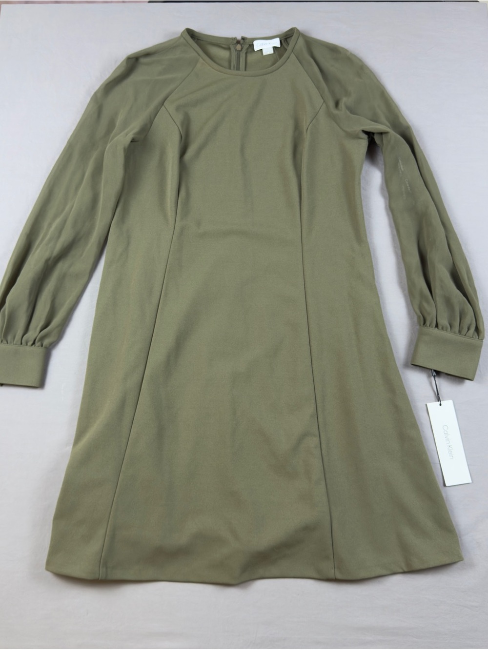 NWT Calvin Klein A-Line Olive Long Sleeve Back-Zip Dress - Picture 1 of 4